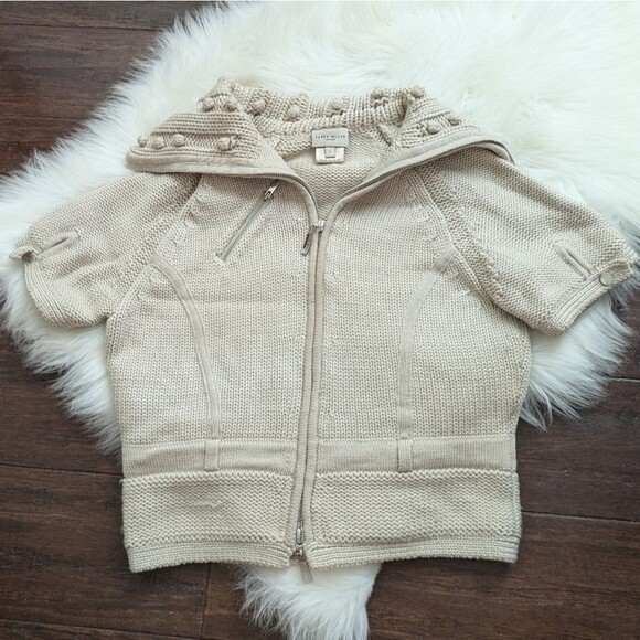 Karen Millen 100% Wool Soft Short Sleeve Full Zip Cardigan Size 2 cream white - Picture 1 of 5